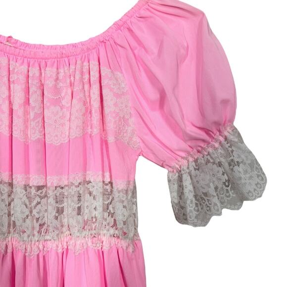 Vintage Perry Lingerie Nightgown Large Pink Silky Nylon Lace Trim Ruffle Long - Picture 4 of 7